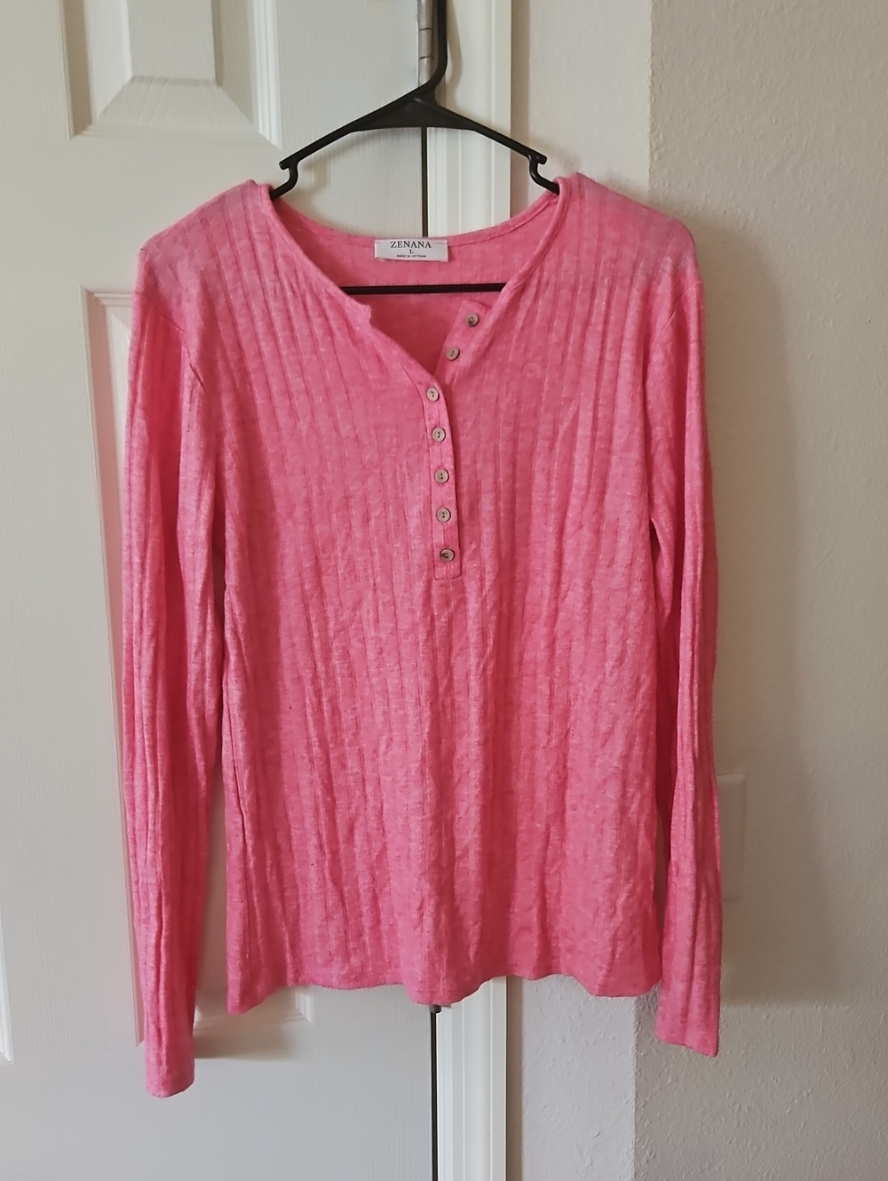 Zenana Outfitters Pink Ribbed Henley Long Sleeve Top